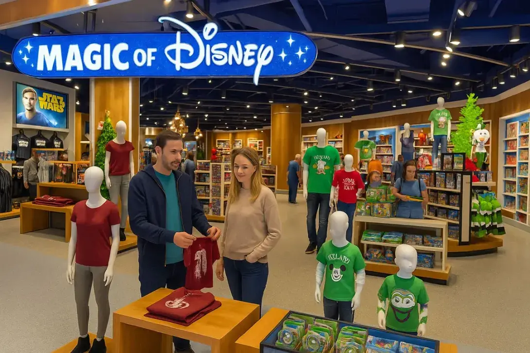 A couple browsing merchandise inside the Magic of Disney store at the airport, surrounded by colorful displays of Disney-themed clothing, toys, and decorations.