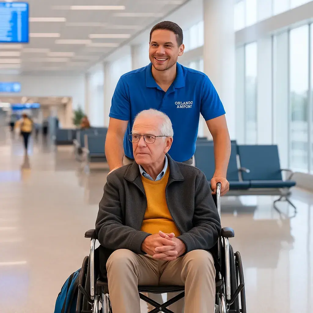 A volunteer assisting an elderly man in a wheelchair at Orlando International Airport's terminal.