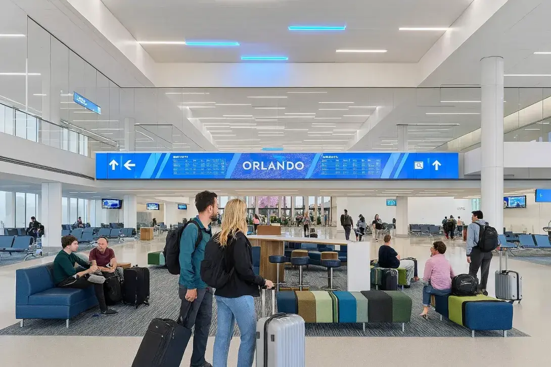 A middle-aged man and a woman with luggage at Orlando International Airport, standing in the seating area surrounded by other travelers.
